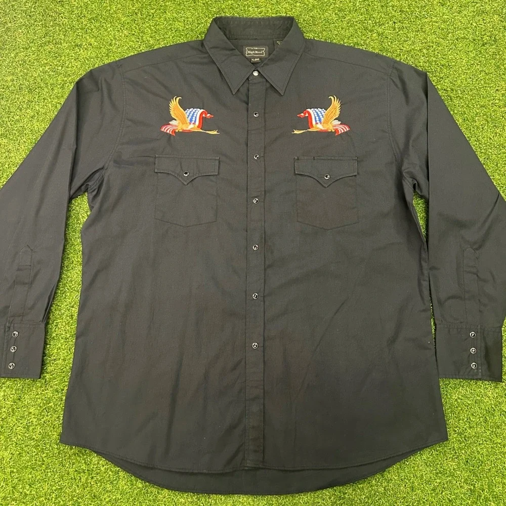High Noon Mens XL Black Western Pearl Snap Shirt Eagle American Flag Embroidered